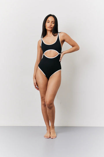 Black Ribbed Contrast Binding Cut Out Swimsuit